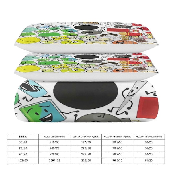 x244 Battle for Dream Island BFDI Peittopussilakana Mikrokuitu Vuodevaatesetti 3D-tulostettu Kevyt 3-osainen Peittosetti, 1 Peittopussi ja 2 Tyynyliinaa 135x200cm 53x78in