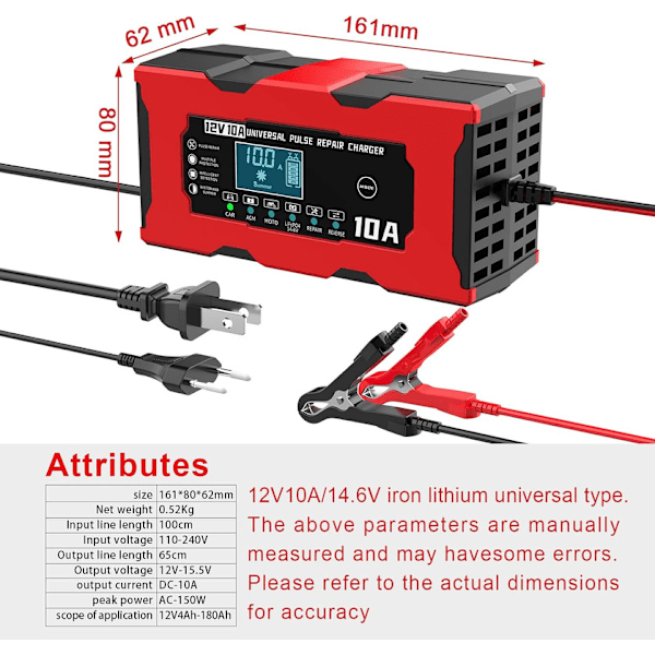 10A 12V LiFePO4 Batterioplader, Smart Batterioplader med Automatisk Reparationsfunktion og LCD-Skærm, Bilbatterioplader