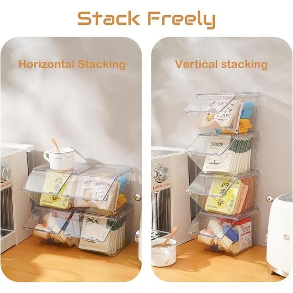 Teabag Organizer Coffee Pod Holder, Stackable Acrylic Desk Organizer Box with Lid, 4-Pack
