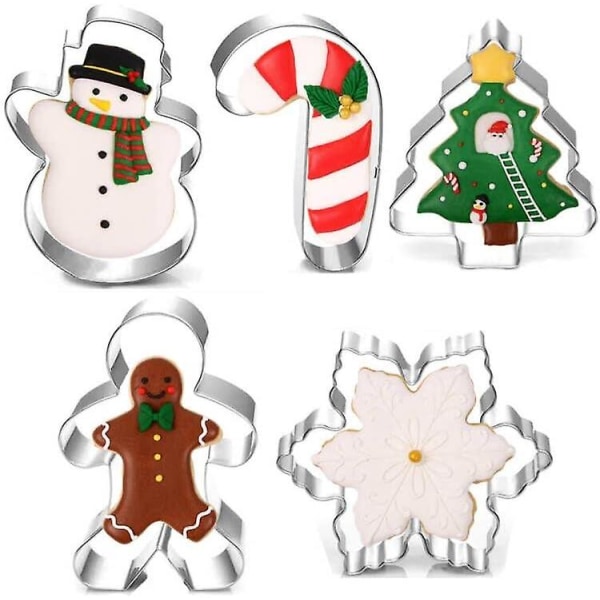 Jul Cookie Cutter Set - 5-delad kakform för jul (3,5\" till 3\") - Julgran, snöflinga, pepparkaksgubbar, snögubbe och godisrörskex