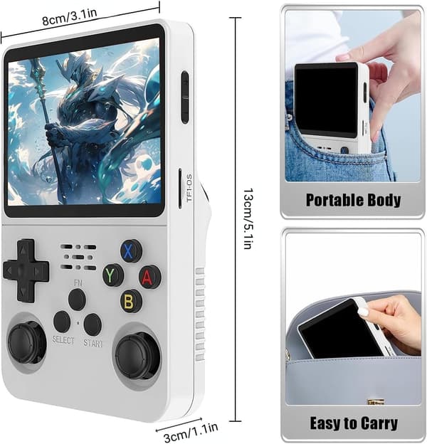 R36S Retro Handheld Gaming Console, Open Source Linux System, 128G TF Card, 30000+ Classic Games, 3.5 Inch IPS Screen, 3500mAh Battery White, 128GB