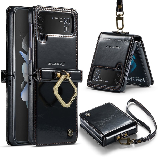 Lædertelefontaske kompatibelt Samsung Galaxy Z Flip 5 med ring og rem Armbånd Armbånd Z Flip 5 cover Black