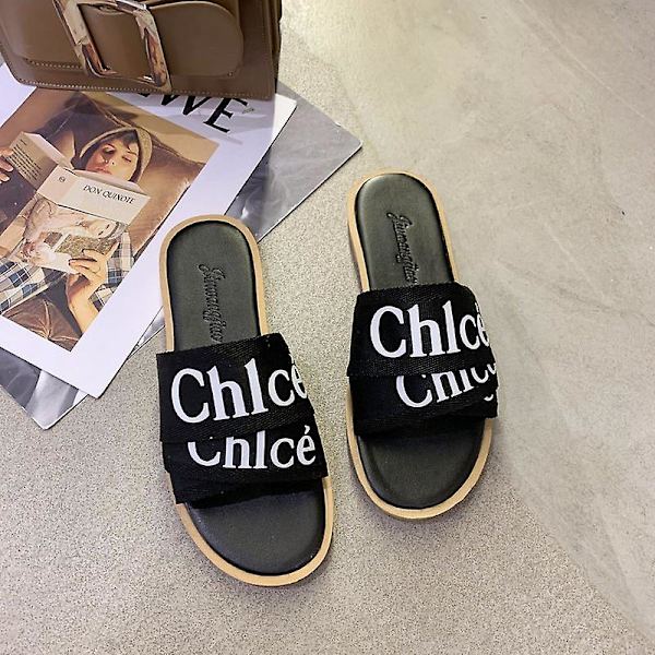 2024 Dam Låg Klack Canvas Tygtofflor Designer Nya Sommarskor Platta Sandaler Strandsandaler för Kvinnor Tofflor Kvinnor Beige 35