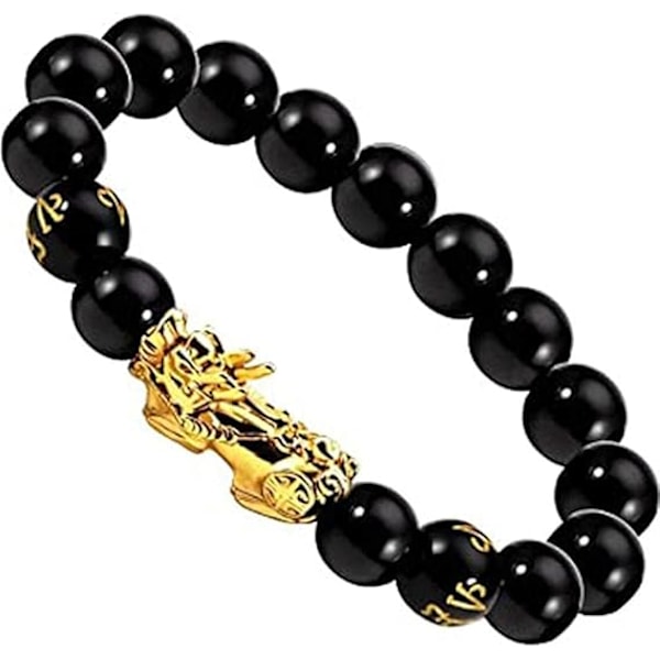 Feng Shui Svart Obsidian Armband Rikedomen 12mm Pixiu Pärlor Armband för Män Band Sanskrit Hand Carves Mantra för Män Kvinnor Armband (12mm)