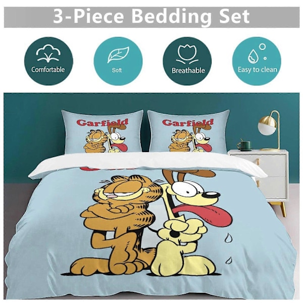 x43 Garfield Påslakan Mikrofiber Sängkläder Set 3D-tryckt Lättviktigt 3-delars Täcke Set, 1 Påslakan och 2 Örngott för Barn Pojkar 135x200cm 53x78in