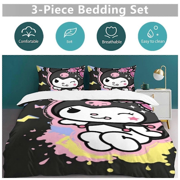 v1470 Kuromi Täcke Set Tjockt Mjukt 3 Delars Sängklädesset Året Runt Täcke med 2 Örngott för Vuxna Kvinnor Flickor Tonåringar Hem Rum Inredning io1470 135x200cm 53x78in
