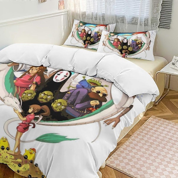 v752 Spirited Away 3-delars Anime Täcke Sängkläder 1 Set Supermjukt Påslakan med 2 Örngott Roliga Prylar Anime Gåvor för Flickor Pojkar Barn Vuxna 200x200cm 78x78in