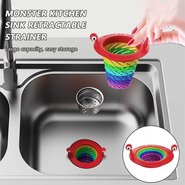 Infällbar monstersil för diskbänk, hopfällbar restfilter för kök, söt regnbåge Monster diskbänk avloppskorg 3pcs