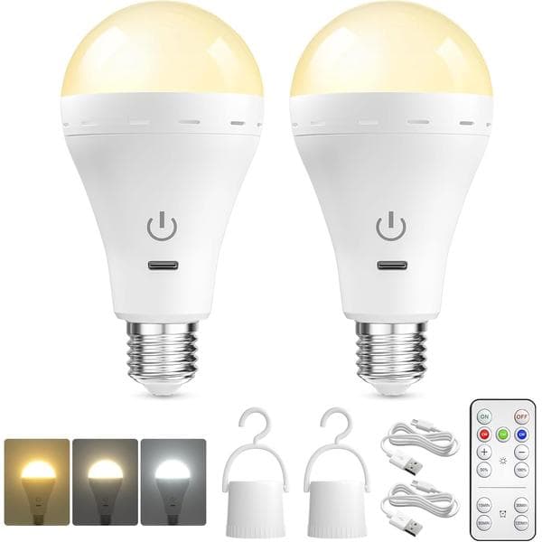 E26 Rechargeable LED Bulbs with Remote Control, 3 Colors Dimmable E26 Battery Operated Light Bulbs with Timer, Rechargeable Emergency Lights 2-Pack