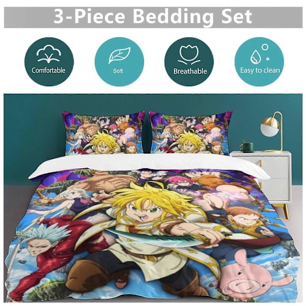 x108 The Seven Deadly Sins 3-osainen vuodevaatesetti Lämmin ja mukava pehmeä pussilakanasetti, jossa 1 pussilakana ja 2 tyynyliinaa makuuhuoneeseen b108 200x200cm 78x78in