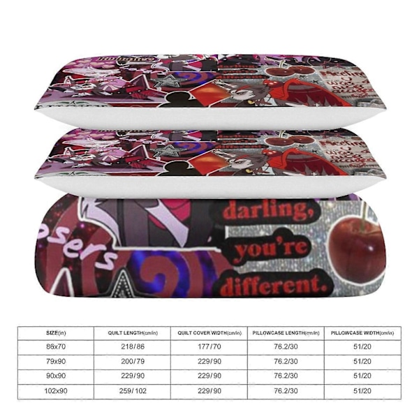 v118 Hazbin Hotel 3-delat Bäddset för Enkelsäng - Inkluderar 1 Enkelt Täcke och 2 Örngott - Färgbeständig Mikrofiber - Hazbin Hotel io118 200x200cm 78x78in