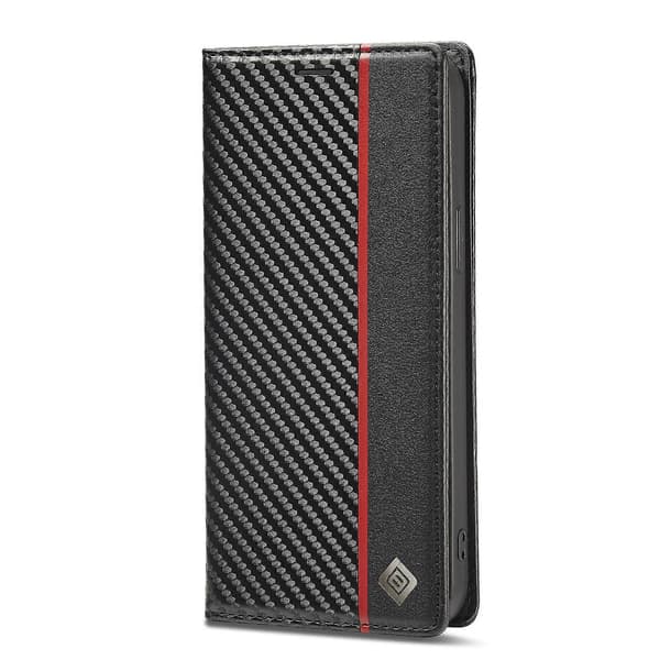 För iPhone 14 Pro LC.IMEEKE Kolfiber PU + TPU Läderfodral Vertical Black