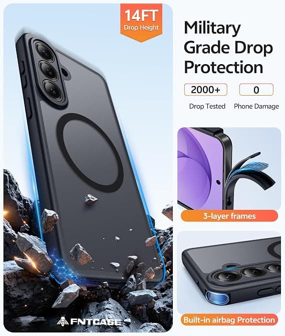 FNTCASE for Samsung Galaxy S26 Plus Case with Screen Protector, MagSafe Compatible, Translucent Matte, Full Camera Protection, Shockproof Black