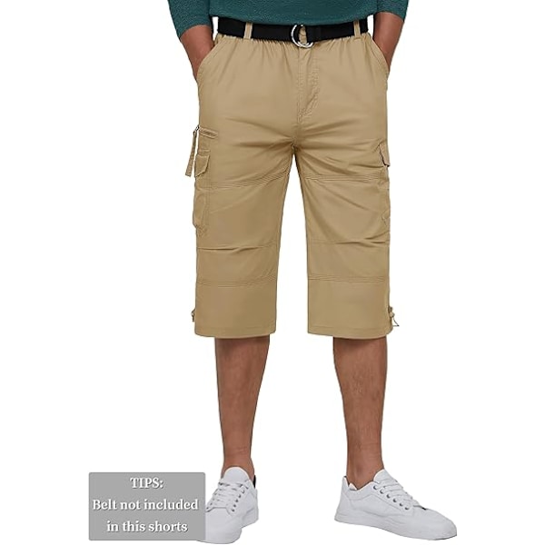 Herre Casual Twill Elastiske 3/4 Cargo Shorts Løs Pasform Multi-Pocket Capri Lange Korte Bukser 3XL Khaki