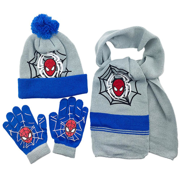 3-8 år Barn Pojkar Flickor Spiderman Beanie Hat Scarf Handskar Spider-man Höst Vinter Varm Stickad 3st/ set Grey Blue