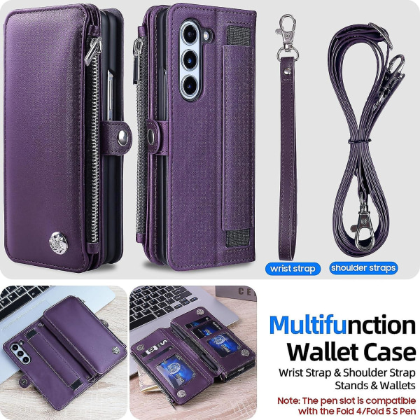 Dragkedja Case Kompatibel Samsung Galaxy Z Fold 5, Magnetic Flip Case med S Pen-hållare, rem & korthållare Purple For Galaxy Z Fold 5