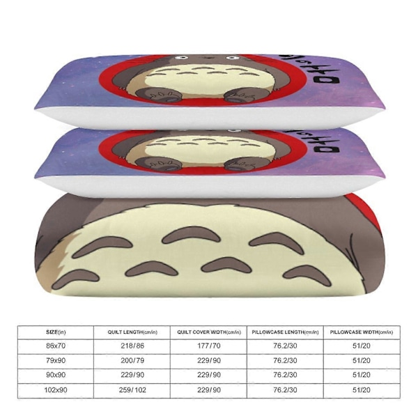 x66 Naapurini Totoro -pussilakanasetti, mikrokuituinen vuodevaatesetti, 3D-painettu kevyt 3-osainen peittosetti, 1 pussilakana ja 2 tyynyliinaa lapsille 135x200cm 53x78in