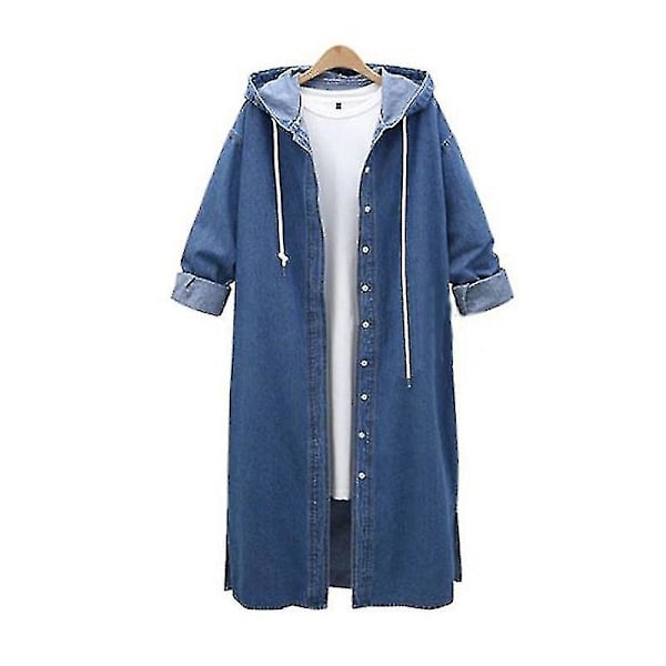 Dame Baggy Denim Jakker Lang Ermet Snøring Trenchcoat Høst Hetter Overfrakker Deep Blue XL