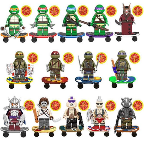 14 typer af Ninja Turtles byggeklodser med våben, skateboard