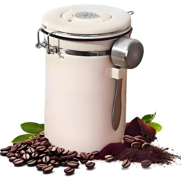 Kaffedåse i rustfrit stål med ske, perfekt til opbevaring af kaffebønner i køkkenet.
