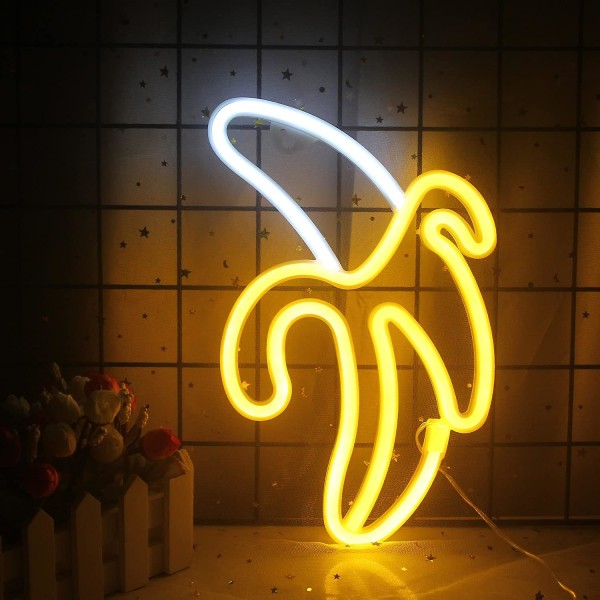 Banaanin neonkyltit keltainen valkoinen banaani neonvalot hedelmä LED-valokyltti yövalo neonkyltit