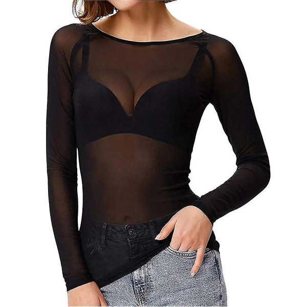 Jul Kvinnor Genomskinlig Långärmad Sömlös Arm Shaper Topp Mesh Skjorta Blus Black XL