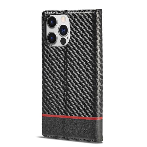 För iPhone 14 Pro LC.IMEEKE Kolfiber PU + TPU Läderfodral Horizontal Black