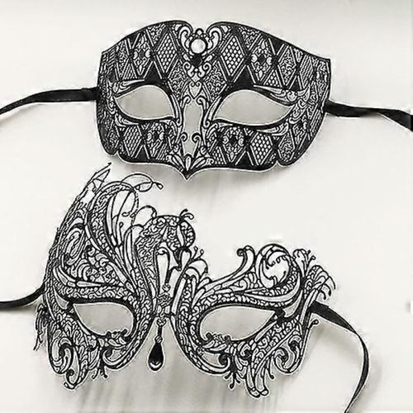 Sort Sølv Guld Metal Filigran Laser Skåret Par Venetiansk Festmaske Bryllup Ball Maske Halloween Maskerade Kostume Masker Sæt Black Clear Diamond