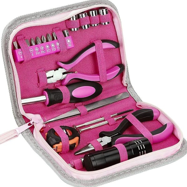 Pink Værktøjssæt 23 stykker Kvinder Hjem Værktøjssæt Med Målebånd Tænger Fræsere Fatninger Skruetrækker Til gør-det-selv og hjemmereparationskontor