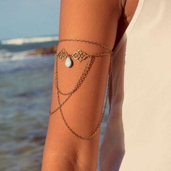 Turkis Armkæde Boho Overarm Armbånd Vintage Hul Blomst Armring Guld Dråbe Kvast Armbånd Sommer Strand Arm Armbånd Smykker til Kvinder og Pige