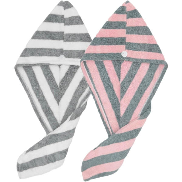 2-pack torra hårmössor i mikrofiber för kvinnor, superabsorberande hårtorkningshandduk med knapp (rosa grå & vit grå)