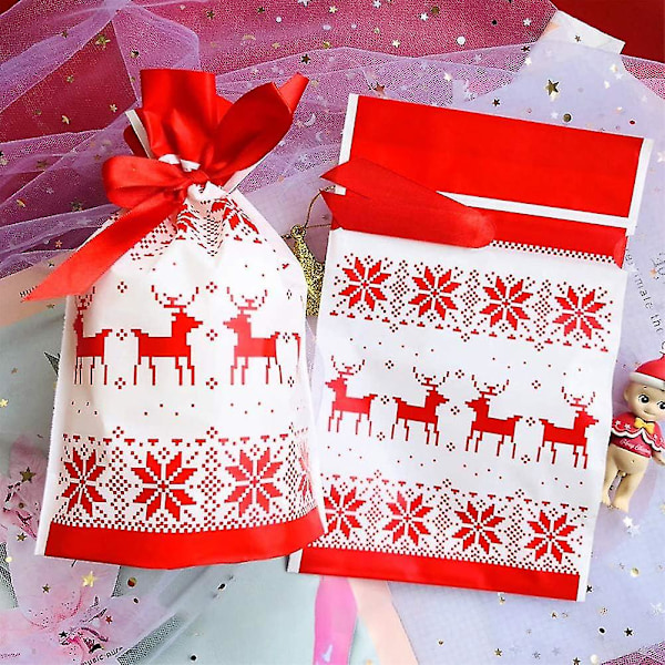 50 stk julegaveposer med snøring Inkluderer 50 stk julegaveposer i plast med snøring, julegodteriposer for bursdag jul Holi
