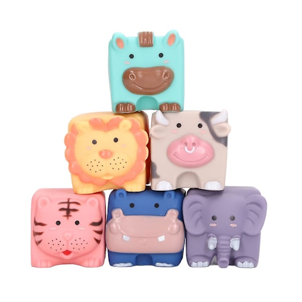 Baby Animal Blocks Set 6 stk Myke PVC Byggeleker Tenner Tygge Klem for Småbarn 6 Måneder Opp