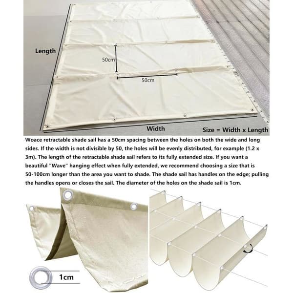 Retractable Wave Sun Shade Sail, Rectangular Waterproof Shade Cloth/Net, UV Sun Protection 1x4m, Cream White 1 x 4 m 1 x 4 m Crème