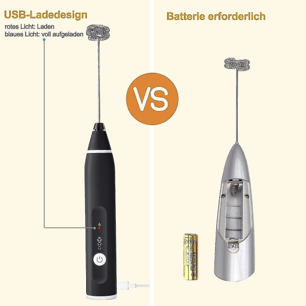 Elektrisk mjölkskummare med dubbel visp, USB-laddningsbar, svart