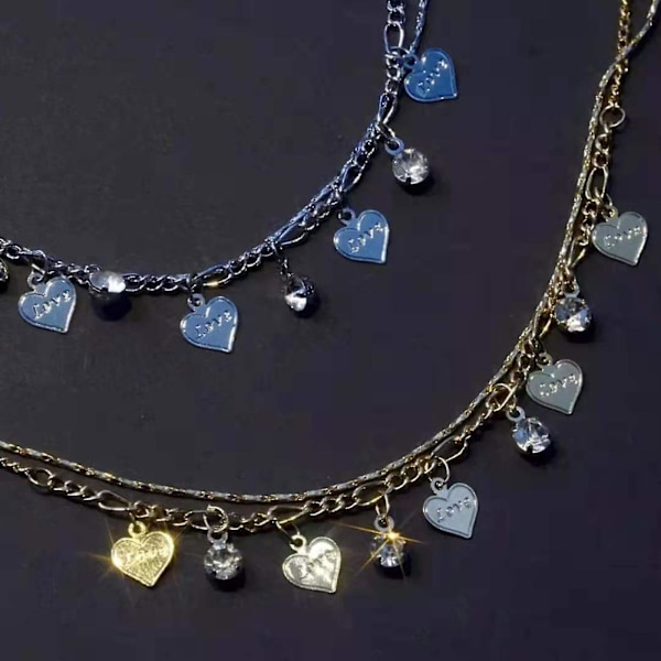 Dubbelskikts Rhinestones Hjärtankel Guld/silver Färg Justerbar Hjärtankel - Jxlgv silver