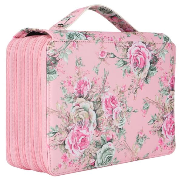Pencil Case with Rose Pattern, Multi-layer Zipper, 252 Slots, Portable Pen Holder, Storage Pocket (Pink Background Rose)