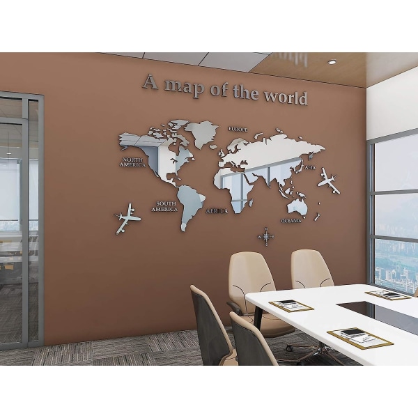 Silver 3d världskarta väggdekal Kontorsskrivbord Vardagsrum Soffa Bakgrund Tapet 3d väggdekor dekoration
