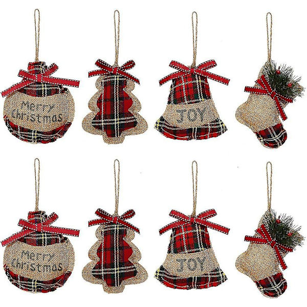 Julepynt Træpynt, 8 stk. Rød Sort Buffalo Check Plaid Syning Burlap Hængende Ornamenter, Træ Kugle Klokke Strømpeformet Hængende De