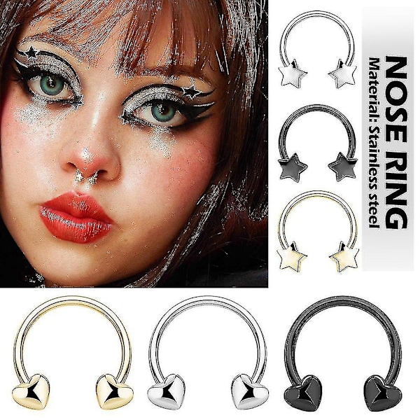 Rustfrie stålringer for septum, nese, hjerte, stjerne, stud, ørepynt, løkkepiercinger WHBYV Heart Gold