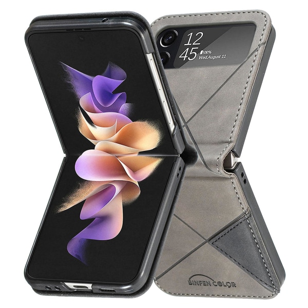 Case med geometriskt mönster kompatibelt med Samsung Galaxy Z Flip 4, hård datorram + stötsäkert cover av Pu-läder Black For Galaxy Z Flip 4