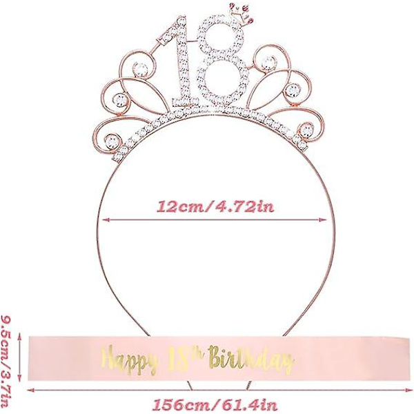 Fødselsdagssash og tiara med rhinsten til piger, fødselsdagssatinssash rosegold krystalkrone