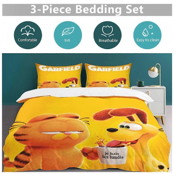 x51 Garfield Dynebetræk Mikrofiber Sengelinned Sæt 3D Printet Letvægts 3 Dele Dynesæt, 1 Dynebetræk Og 2 Pudebetræk til Børn Drenge Gir 135x200cm 53x78in