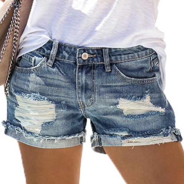 Kvinners Holiday Ripped Denim Shorts Jeans Hot Pants Distressed Frayed Short Pants Blue L