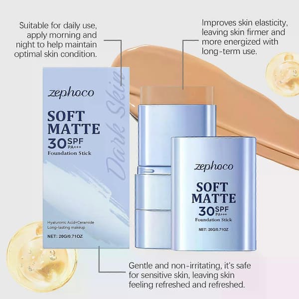 Foundation Stick, Medium til Fuld Dækning Foundation Makeup med Indbygget Børste, Blød Mat Ansigtsmakeup Base med SPF 30 til Kvinder natural
