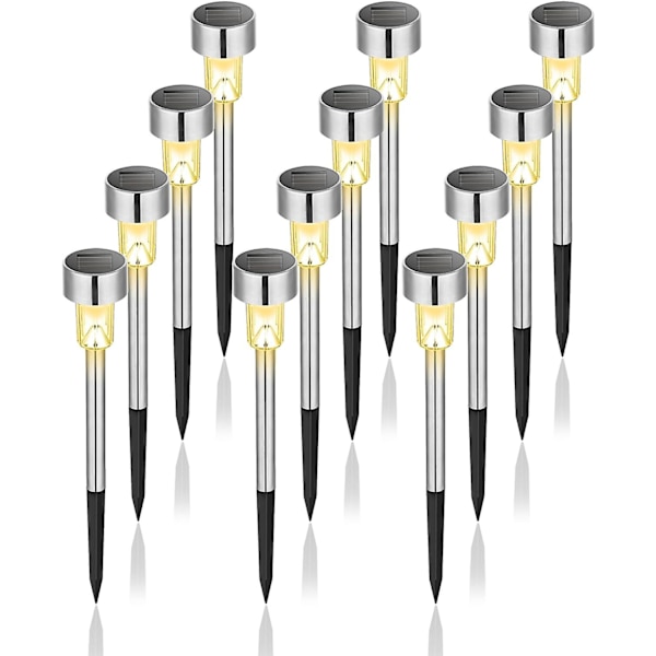 Solcellelamper til udendørs brug, vandtætte, 12 stk., LED-solcellelamper i rustfrit stål til terrasse, græsplæne, have og landskab, koldt hvidt Warm White