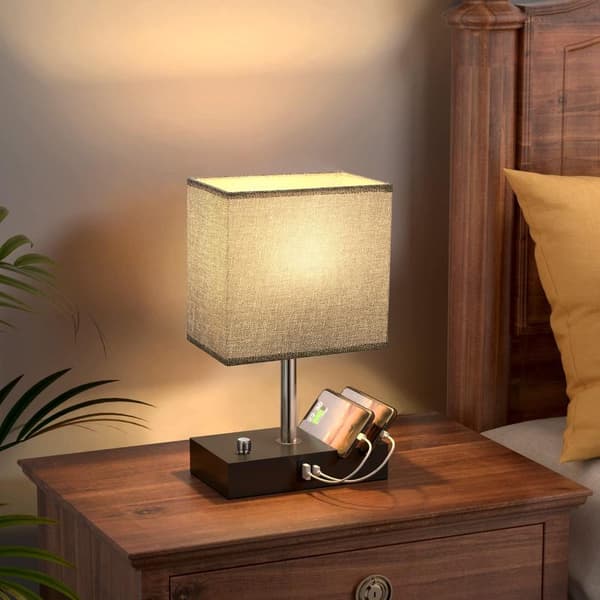 Fully Dimmable Bedside Lamp with USB A+C Charging Port, Phone Holder with Grey Fabric Shade, LED Bulb Included