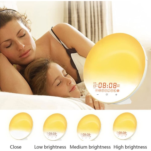 Väckarklocka med soluppgång och solnedgångssimulering, sänglampa, 20 nivåer ljusstyrka/fm-radio/snooze-funktion/7 färger omgivande ljus