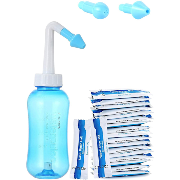 Nenähuuhtelu, nenähuuhtelupullo 300 ml, Neti Pot -setti aikuisille ja lapsille, jossa nenähuuhtelusuolaa 30 pussia