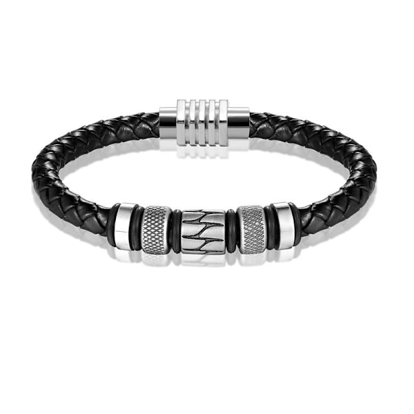 Sort læderarmbånd og perler i rustfrit stål-FA-